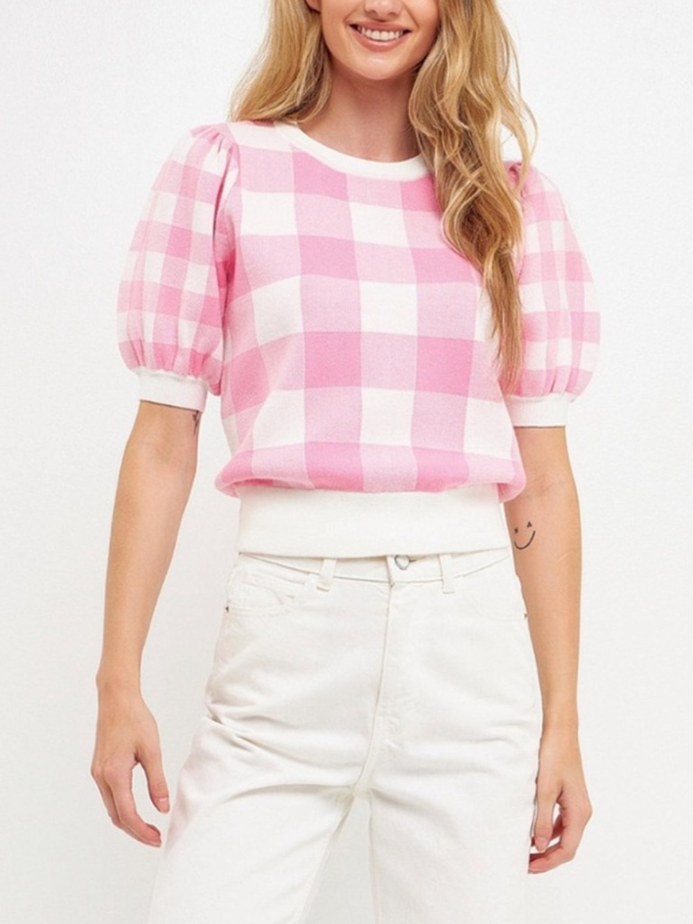 English Factory Pink Gingham Sweater | MEDIUM
